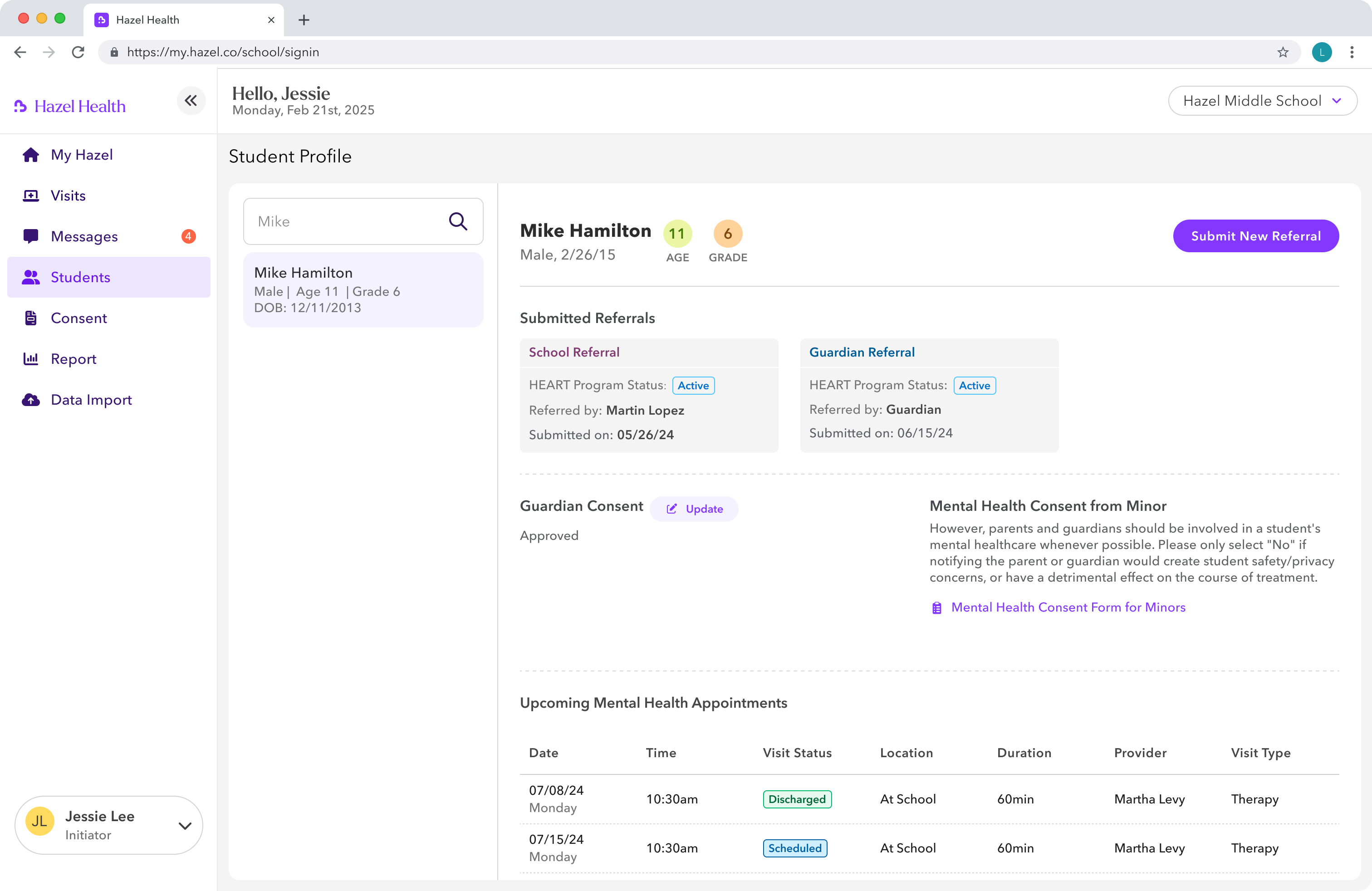 Hazel student profile for a mental health staff workflow, showing referrals, consent, and upcoming appointments